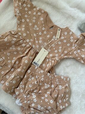 Quincy Mae Tan Floral Dress and Bloomers Set